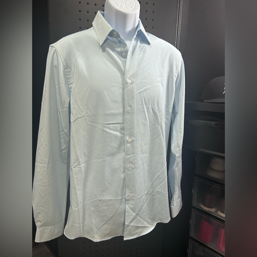 C-LAB NYC - 4 Way Stretch, Slim Fit - M 15 1/2” Men's Light Blue Checkered Shirt